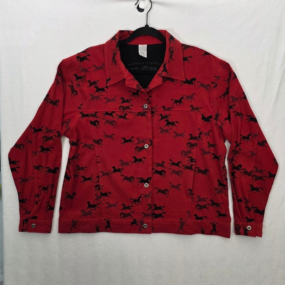 Weekend Traffic Horse Print Jacket Large Red Black Western Vintage Y2K Sueded